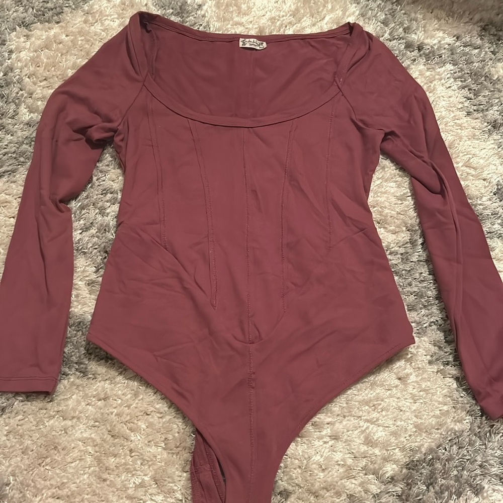 Free People Plum Boat Neck 3/4 Sleeve Snap Bottom Bodysuit